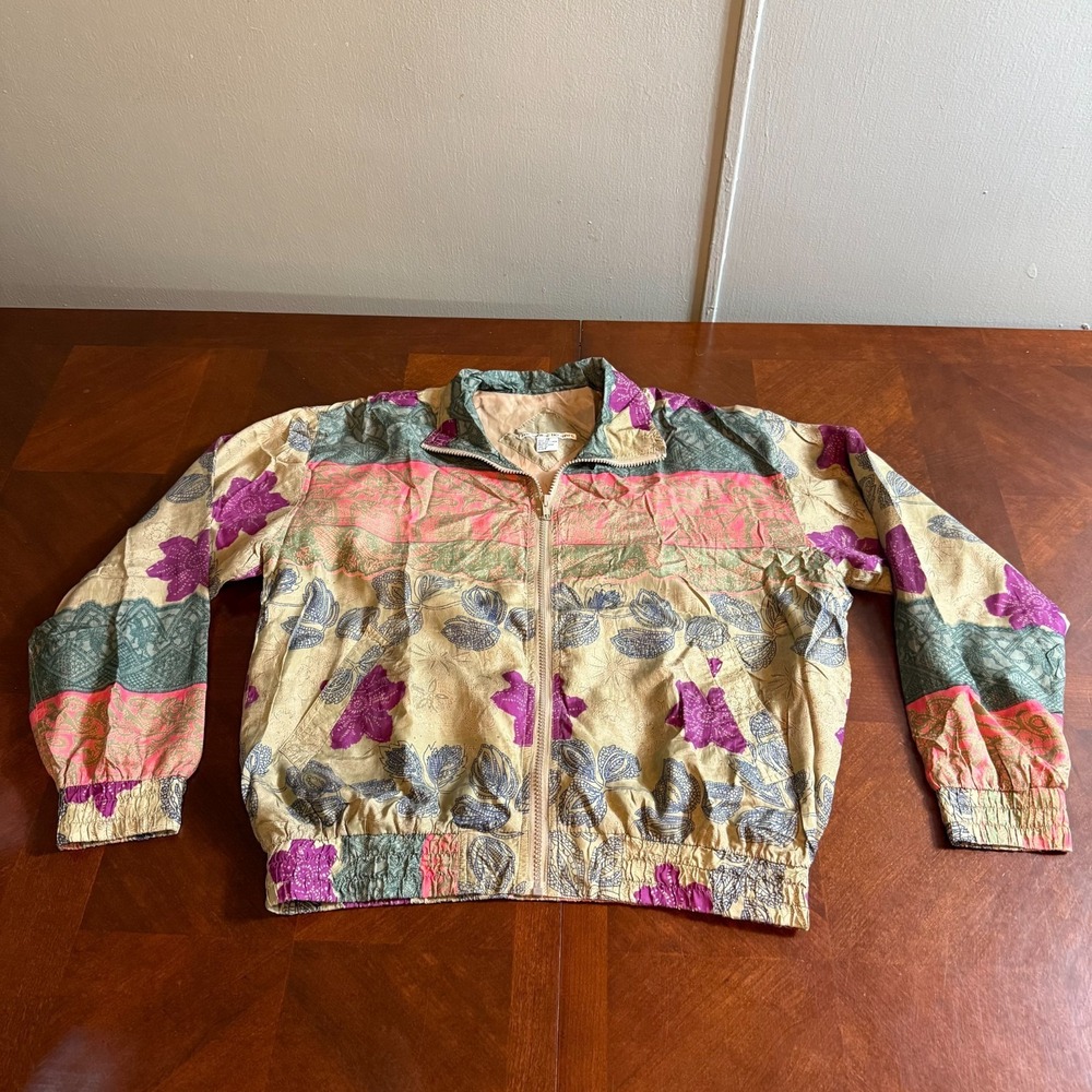 Vtg 90s 100% Silk Zip Up‎ Bomber Jacket Floral Boho Art Size M